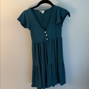 See You Monday Teal Ribbed V‑Neck Tiered Midi Dress